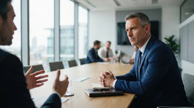 Executive Businessman in Boardroom Meeting with City View