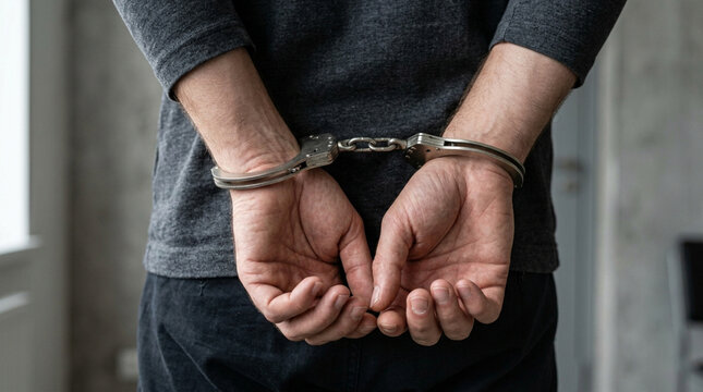 Man's Hands Handcuffed Behind Back, Arrested Suspect or Prisoner