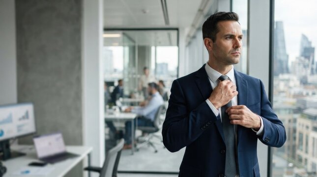 Executive Man Viewing Cityscape from Modern High-Rise Office
