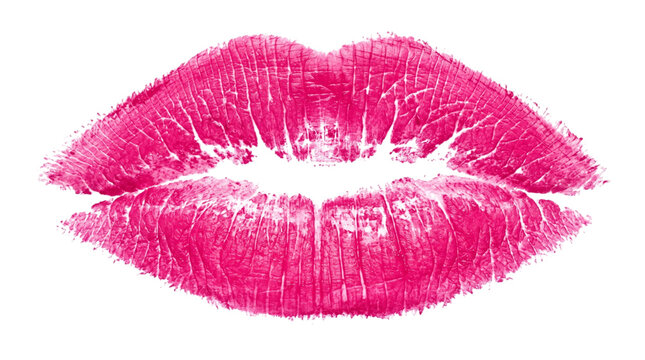 Bright pink lipstick kiss mark on black isolated on transparent background