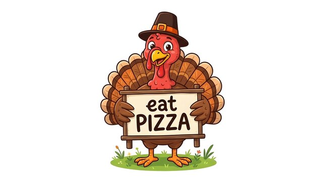 This delightful cartoon turkey with a playful message advocating for pizza instead of traditional thanksgiving fare brings a humorous twist to the holiday season offering