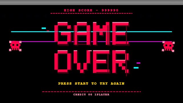 Retro Arcade Game Over Screen with Pixel Glitch Effect and Neon Text
