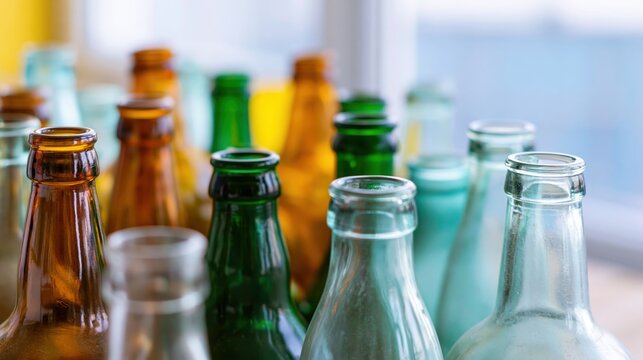 Empty glass bottles clustered together in a recycling collection area