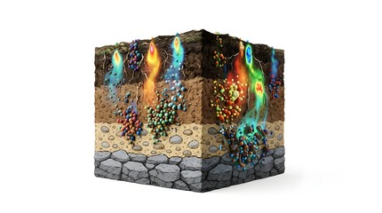 Obraz premium Scientific 3D Cross-Section of Soil Layers Contaminated by Glowing Radioactive Isotopes