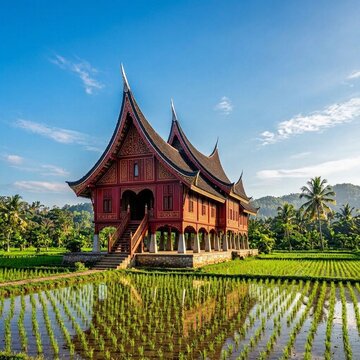 Red Traditional Rumah Gadang Minangkabau house with reflection in flooded green rice paddy fields, West Sumatra Indonesia