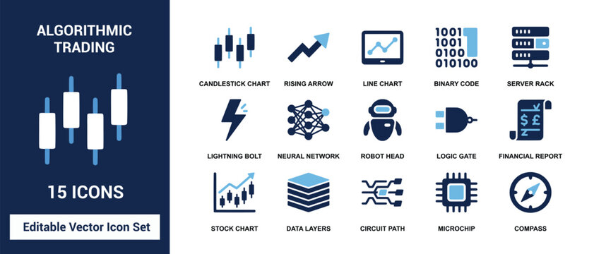 Algorithmic trading analytics vector icon set featuring financial candlestick charts data layers and machine learning