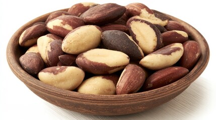 Fototapeta premium Delicious Brazil nuts in ceramic bowl, isolated on white