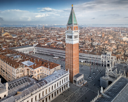 Aerial view of Venetian old city historic district Piazza San Marco, Campanile, Palazzo Ducale, Venice