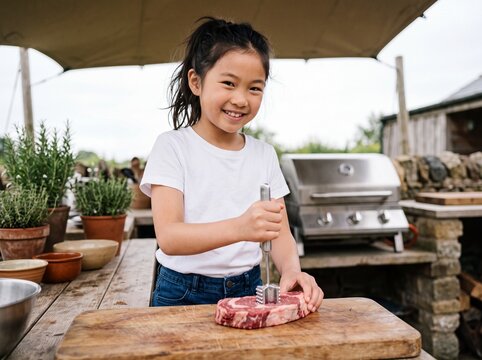 Cheerful East Asian girl using needle meat tenderizer