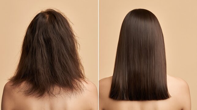Woman&rsquo;s back showing before and after hair transformation with frizzy dark hair on left and smooth straight hair on right against beige background