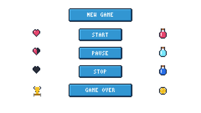 Pixel art game interface design with blue buttons new game start pause stop game over on transparent background.