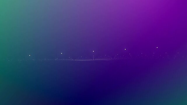Ethereal Nightscape: A serene nightscape unfolds with distant streetlights casting a gentle glow over a tranquil water body, enveloped in a dreamy blend of deep purple and soft green hues.