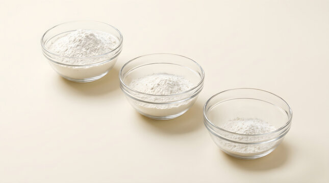 Three clear glass bowls filled with all purpose flour in varying quantities arranged on a light neutral background