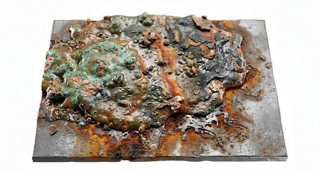 Hyper-Realistic 3D Render of Toxic Chemical Sludge Corroding a Rusty Metal Surface, Isolated on White Background