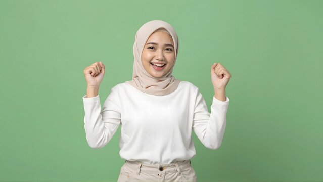 Excited young Muslim woman in hijab celebrating success with joy