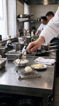 Chef using wire slicer on hard-boiled egg