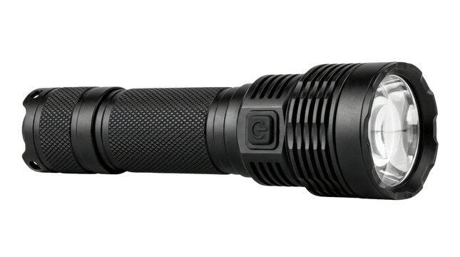 Handheld LED flashlight with a heavy black machined aluminum body, a textured grip, and a clear glass lens. Photorealistic, side 3/4 view, horizontal orientation, ultra-high-resolution 8K, on a pure