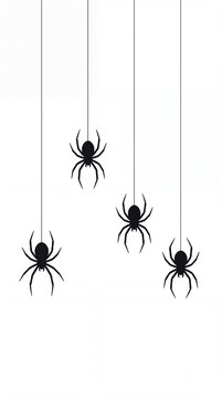 Hanging black spiders illustration on white background.