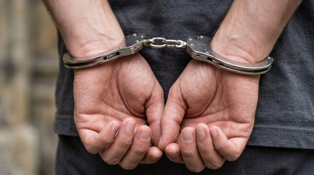 Handcuffed man's hands, close-up view, symbolizing arrest, crime, and justice.