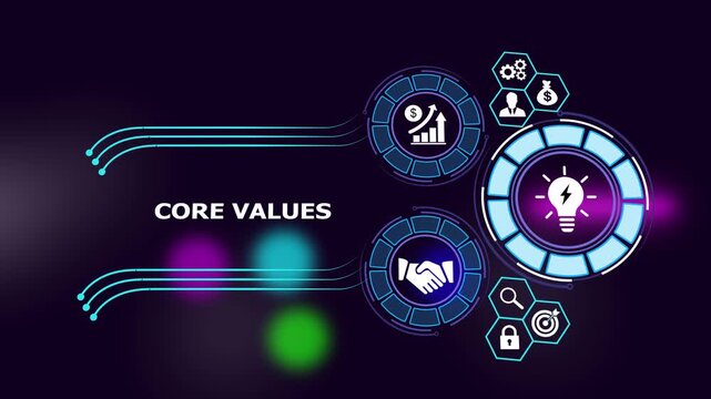 Dynamic corporate core values infographic animation featuring business strategy financial growth charts, handshake partnership, and innovative lightbulb ideas for modern presentations