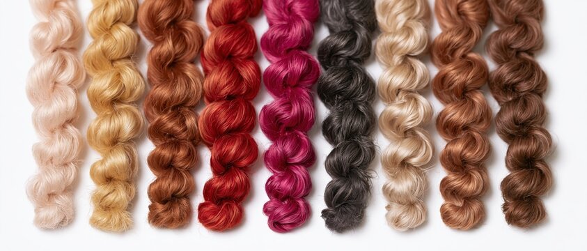 Ten curly hair swatches in different colors arranged in a row on white background