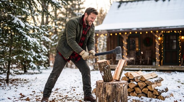 Chopping firewood for Christmas Eve, Adult man chopping firewood outside cabin in snowy winter forest  