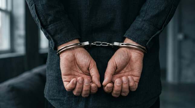 Handcuffed Person's Hands Behind Back, Crime and Arrest Concept