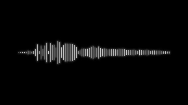 Minimalist white line audio wave visualization, 4K sound waveform frequency animation on alpha channel black background, digital voice recording effect, futuristic music equalizer for video overlay