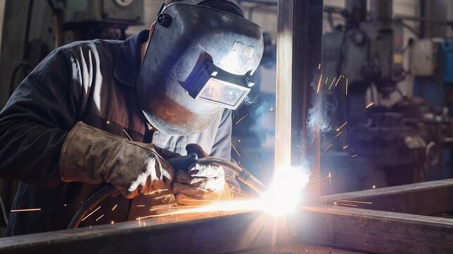 Industrial welder wearing protective gear, performing metal welding amid bright sparks and intense light inside modern factory workshop, 4K video