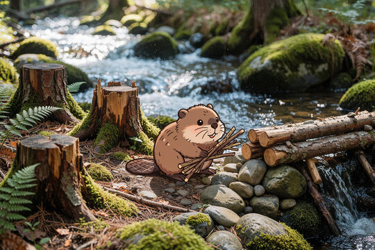 A chibi beaver is holding a small bundle of sticks as it walks towards a pre-built beaver dam in the brook