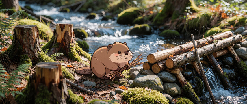 A chibi beaver is holding a small bundle of sticks as it walks towards a pre-built beaver dam in the brook