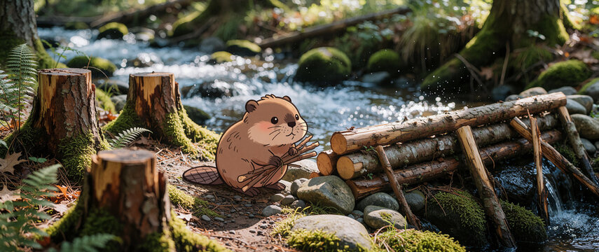 A chibi beaver is holding a small bundle of sticks as it walks towards a pre-built beaver dam in the brook
