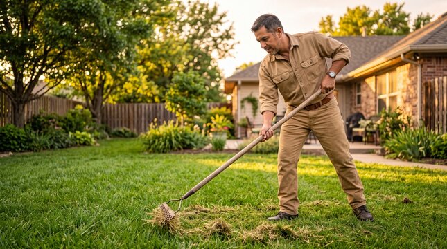 Mature Hispanic Man Using Manual Dethatching Turf Rake