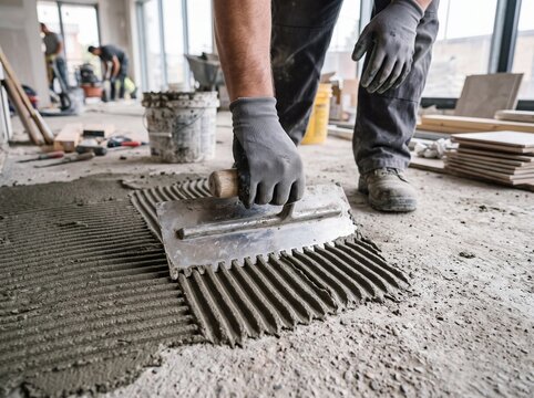 Professional worker applying mortar with notched trowel