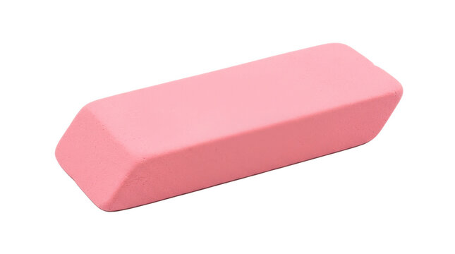 Pink rubber pencil eraser with a classic angled rectangular shape and smooth matte surfaces. Photorealistic, top 3/4 view, horizontal orientation, ultra-high-resolution 8K, on a pure white background