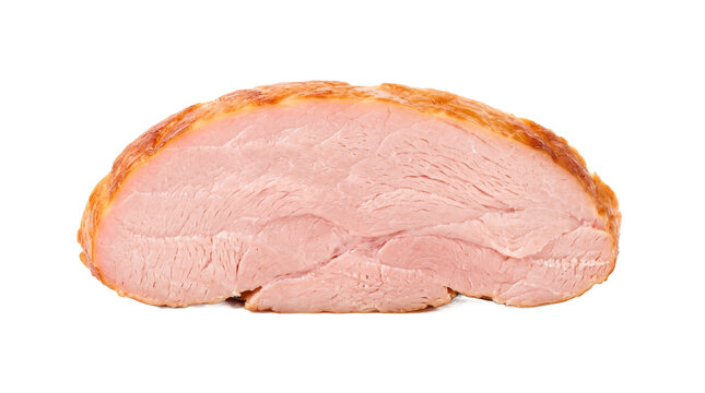 Smoked turkey breast slice with tender layered texture, pale pink interior, lightly browned edge and appetizing deli-meat appearance; photorealistic food photography, front 3/4 view, horizontal