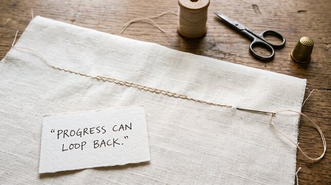 Sewing project with progress can loop back note on fabric