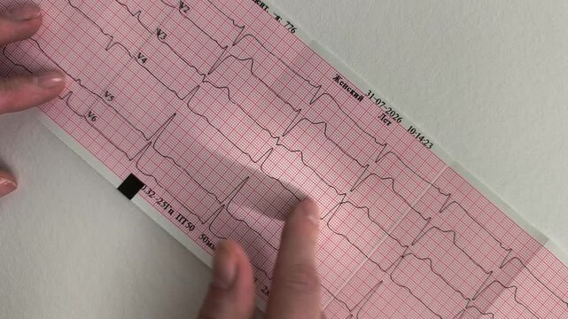 Examining printout electrocardiogram results to evaluate cardiac patient health conditions. Physician checks cardiovascular medical graphs for arrhythmia symptoms or pulse tracking errors.