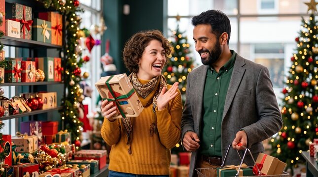 Shopping for Christmas gifts in store, Middle-aged couple shopping for Christmas gifts in decorated holiday store  