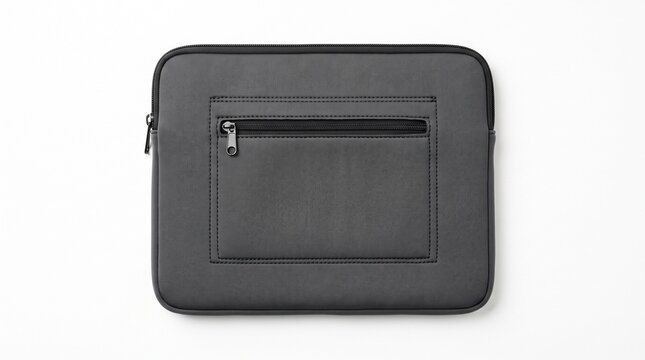 Dark gray neoprene tablet sleeve case with front zipper pocket flat lay isolated on white background
