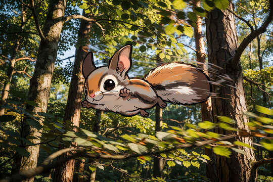 A chibi flying squirrel spreads out as it flies through the air