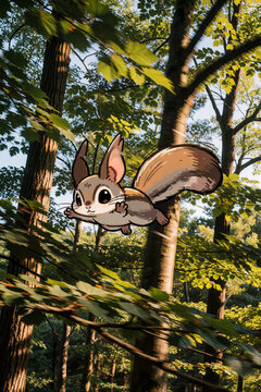 A chibi flying squirrel spreads out as it flies through the air