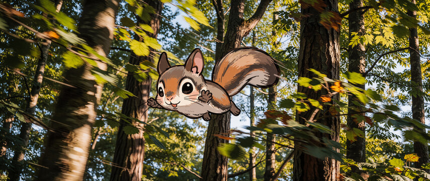 A chibi flying squirrel spreads out as it flies through the air
