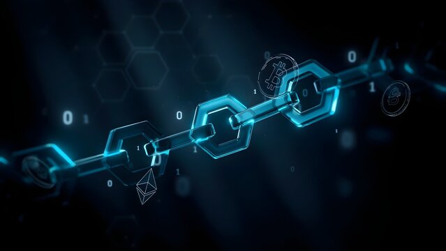 3D render of digital chain links connected in space with binary code and cryptocurrency icons