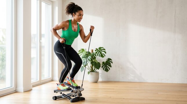mini stepper workout, Young black woman exercising on stepper machine in bright home interior  
