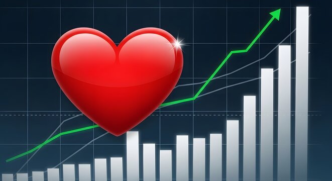 Shiny red heart symbol placed on an ascending financial bar chart with a green upward trending line graph