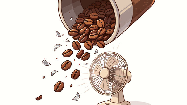 Dynamic vector illustration of roasted coffee beans cascading from a tipped ceramic jar against a vintage