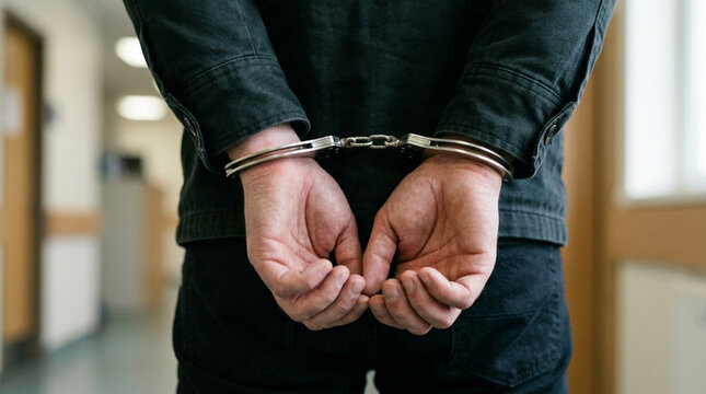 Man's hands cuffed behind back, concept of arrest and justice