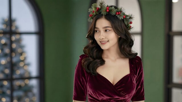 Beautiful Asian Woman Wearing Christmas Wreath And Velvet Dress Indoors
