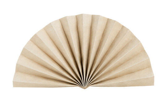 Single brown pleated paper fan, partially opened, displays its textured surface and delicate folds on a clean white background